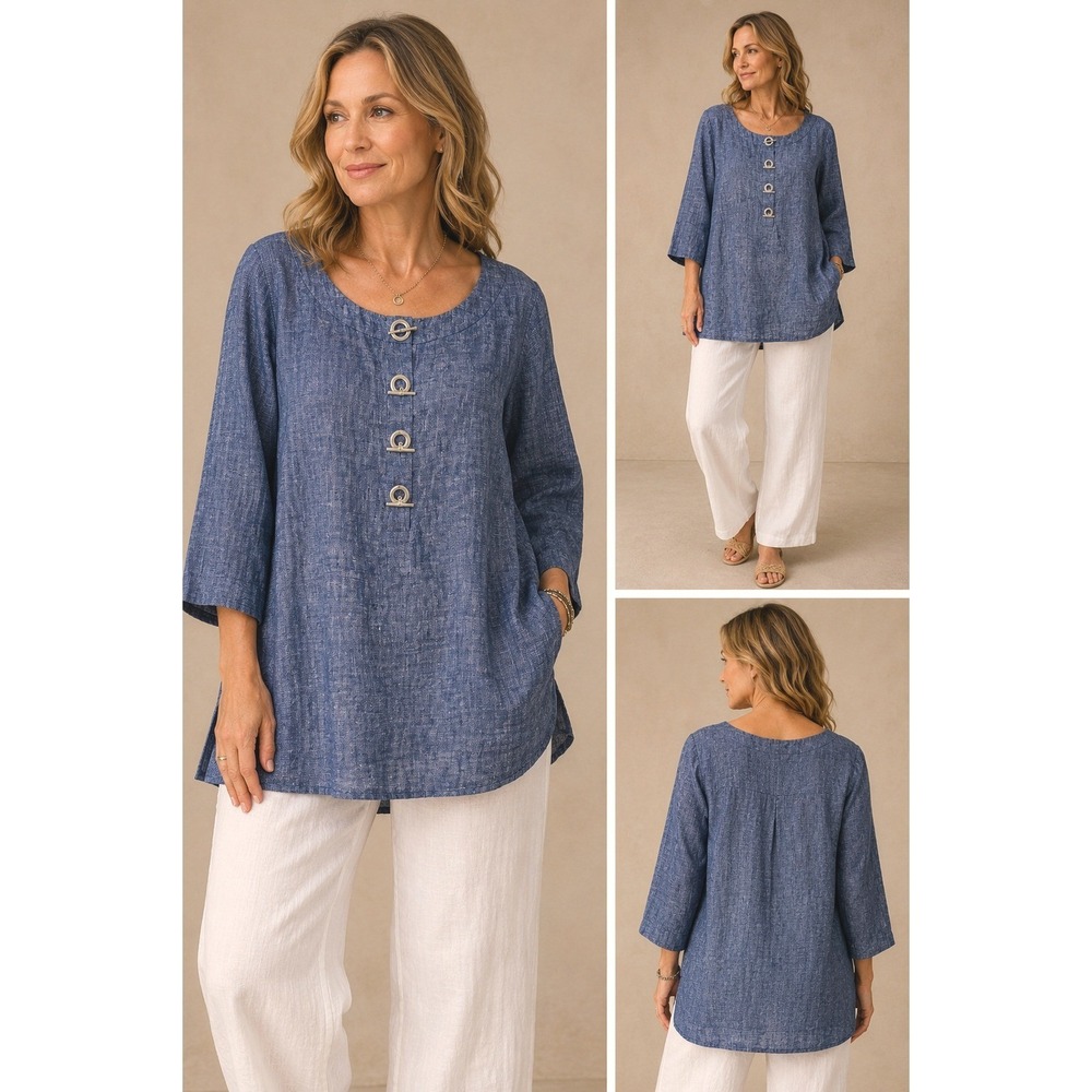 JM Collection Women's Tunic Top Blue 100% Linen Size 14W Silver Toggles